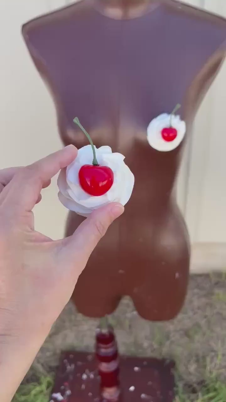 Whipped Cream Pasties with Cherry – Handmade Cake-Inspired Nipple Covers | Kawaii Dessert Lingerie | Rave, Festival, Boudoir Accessory