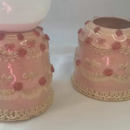 Pink and White Ceramic Cake Table Lamp
