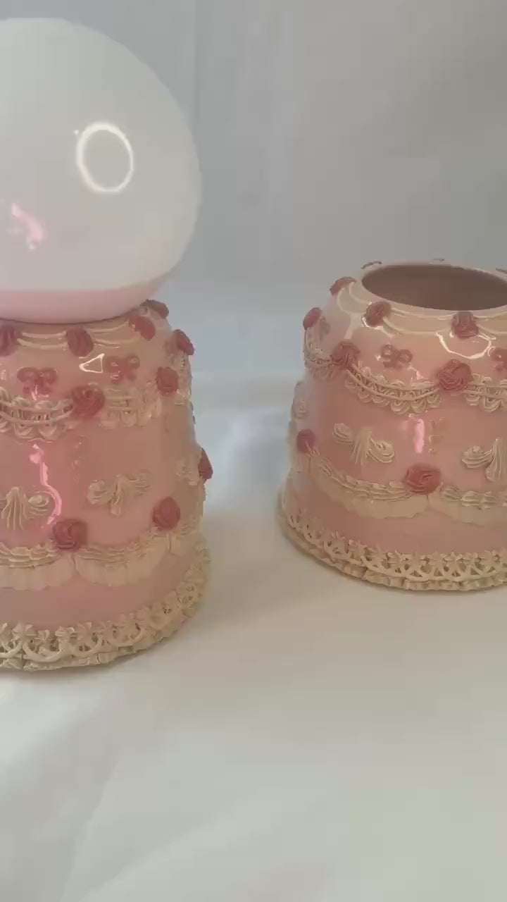 Pink and White Ceramic Cake Table Lamp