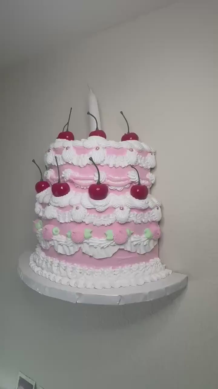 Cherry Birthday Cake Wall Hanging | Faux Cake Decor | Pink Lambeth Style Fake Cake | Coquette Wall Art