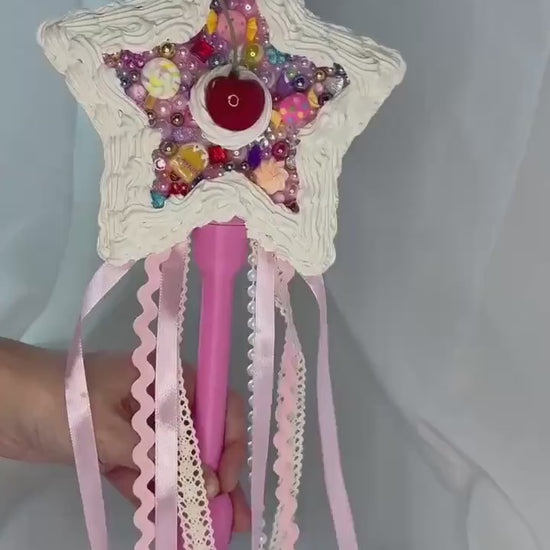 Candy Fairy Wand with Faux Frosting, Cherry & Rainbow Sprinkles | Pink Star Wand with Ribbons
