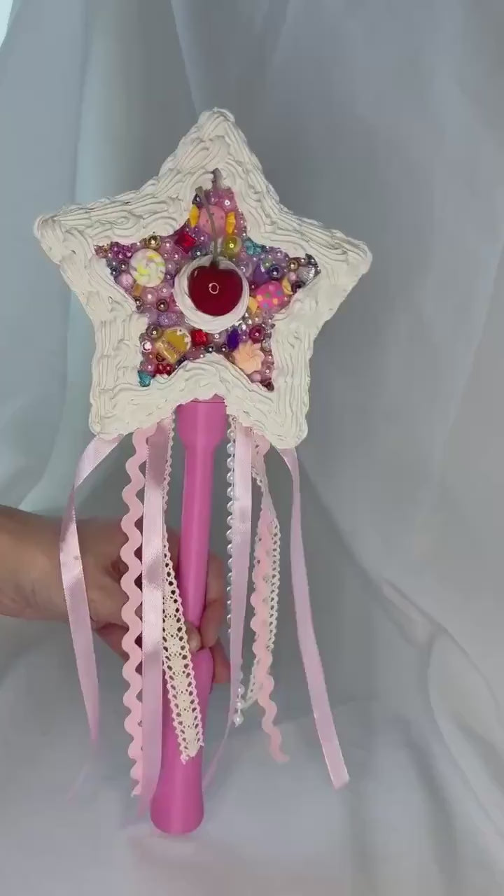 Candy Fairy Wand with Faux Frosting, Cherry & Rainbow Sprinkles | Pink Star Wand with Ribbons