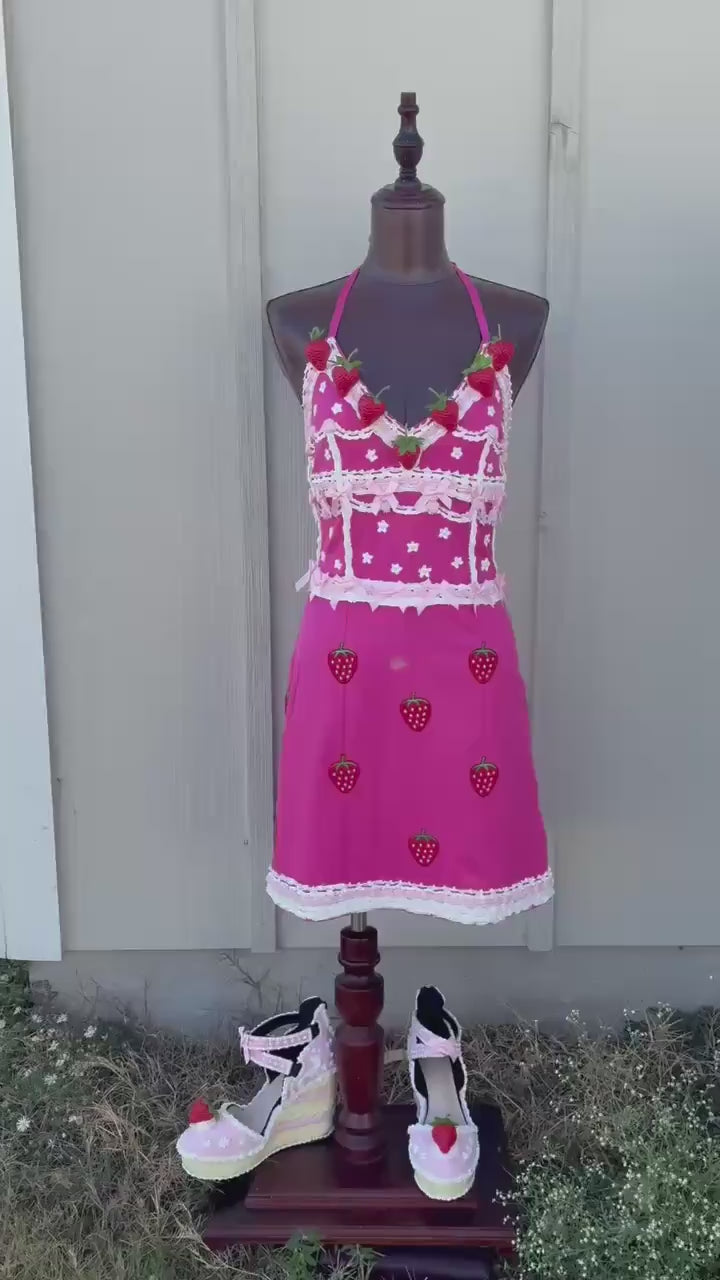 Strawberry Shortcake Inspired Dress - Pink Cottagecore Dessert Costume